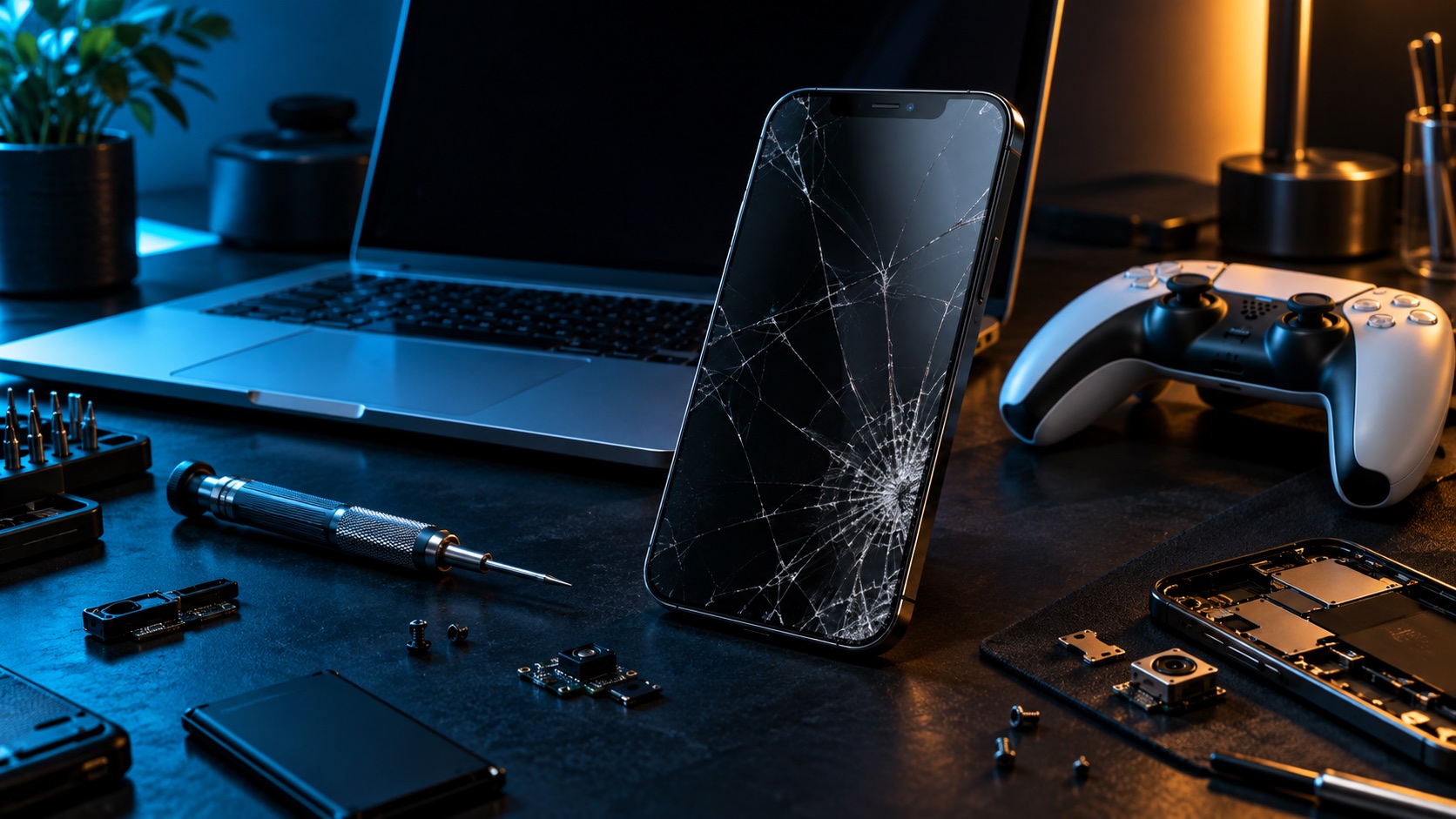 Illustrative phone, laptop and controller repair scene
