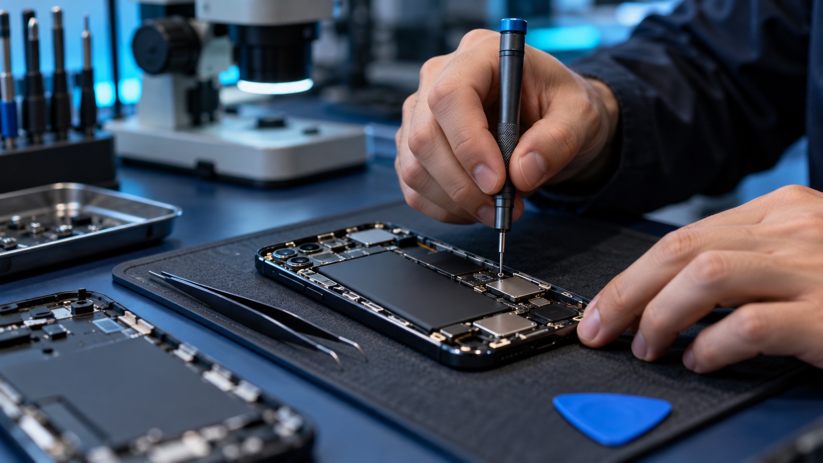 Illustrative technician hands working on an open smartphone